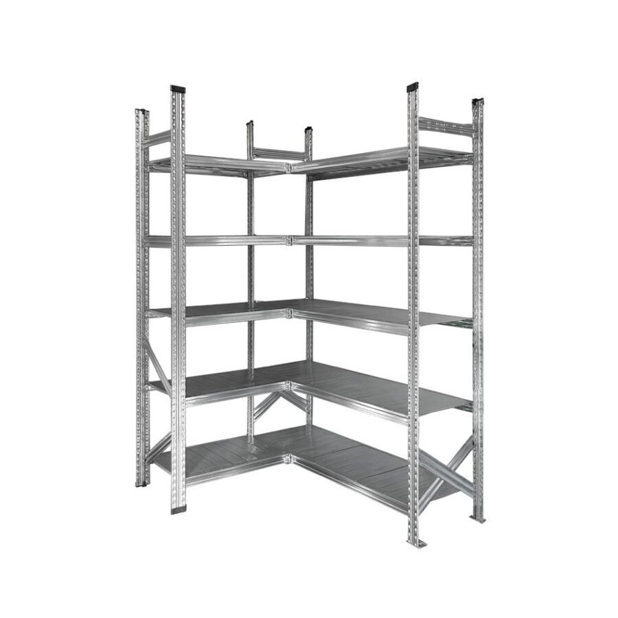 Regał podstawowy oraz narożny regał dołączany z półkami