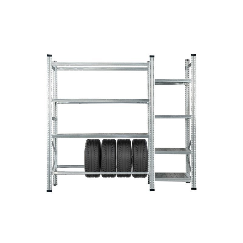 Zestaw regałów z 3 półkami i jedną półką na opony + regał dołączany