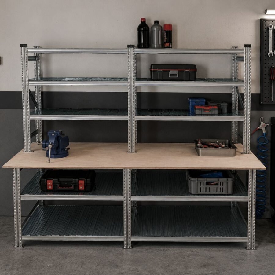 Stół roboczy z nadstawką regałową Metalsistem